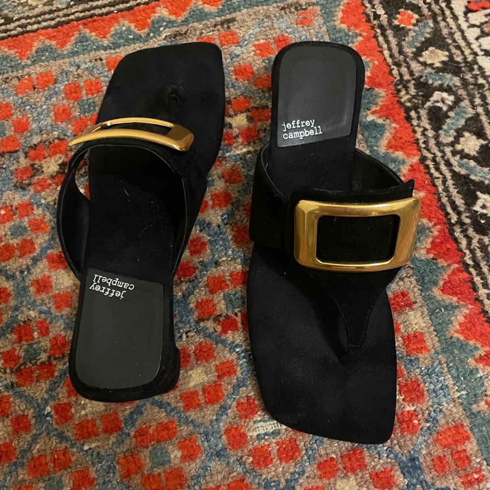 Jeffrey Campbell Black and Gold Sandals with Open Toe Design